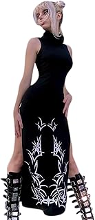 Women's Black Split Side Gothic Dress Sexy Turrleneck Sleeveless Long Dress Bodycon for Halloween Party Clubwear - Buy now