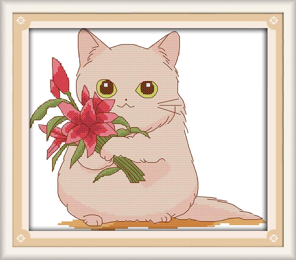 Abillyn Embroidery Cross Stitch Kits Cat Giving Flowers Stamped with Printed Pattern Starter Kit (Cat)