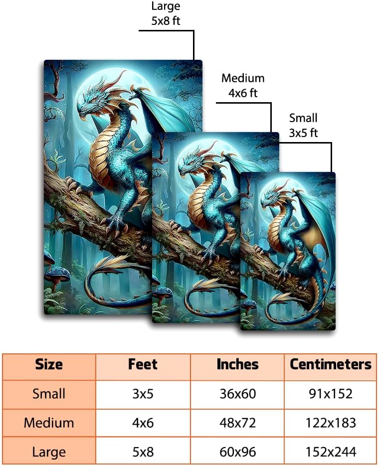 Dragon Rug – Fantasy Fire & Water Animal Area Rug for Bedroom Living Room Gaming Room Decor, Washable Non-Slip Soft Floor Mat (Dragon Rug 03)