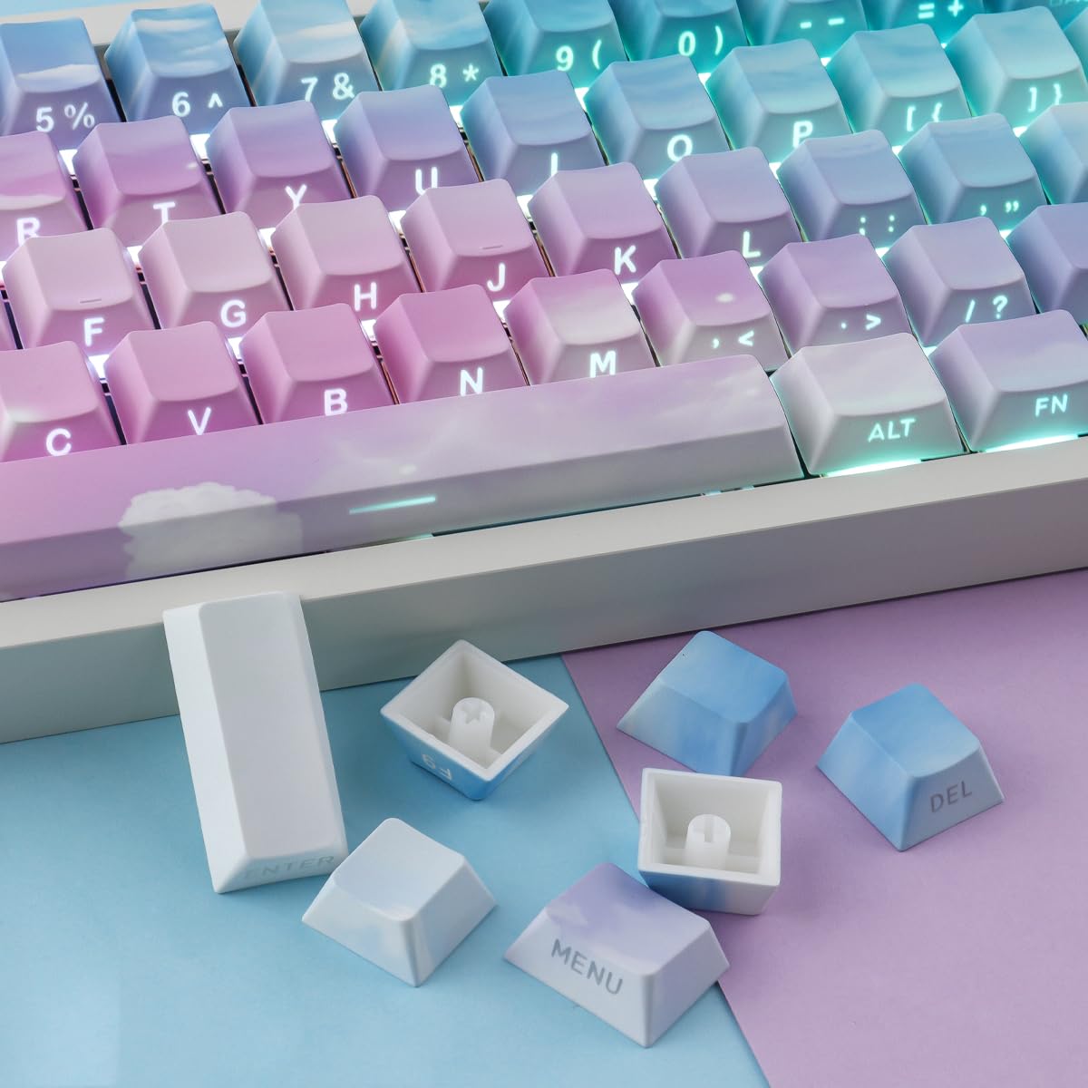 Nasadki klawiszy PBT - zestaw nasadek na klawisze gradientowe niebo, 133 klawisze Double Shot Shine Through Keycaps, profil wiśni, minimalistyczny styl, niestandardowa nasadka klawiszy do klawiatur