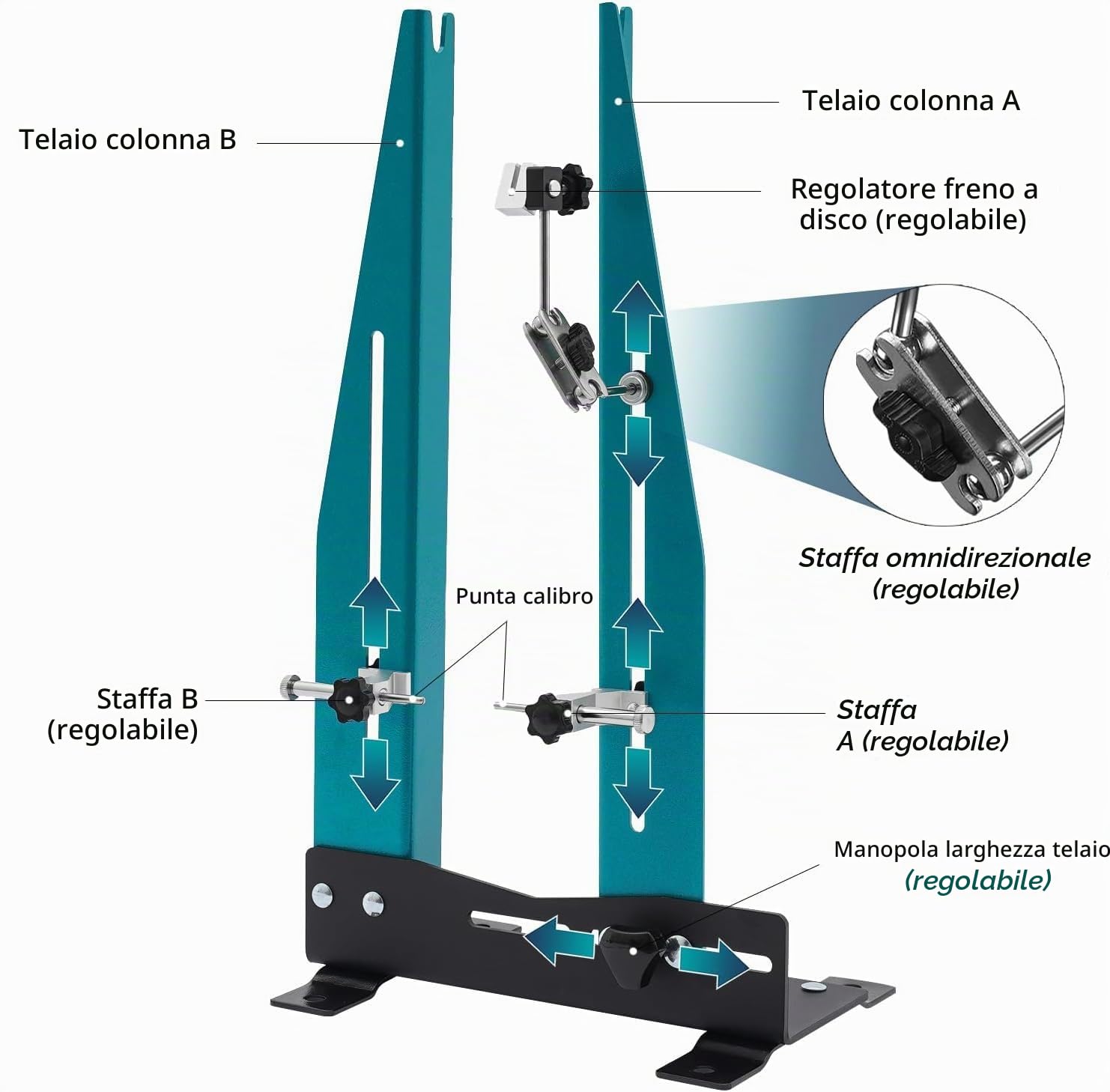 Supporto per Centrare Le Ruote della Bicicletta da 16" a 29", Cerchi di Regolazione per Bicicletta con Asta per ASSE Continuo, Acciaio al Carbonio, Larghezza Ruota Regolabile da 95 a 155 mm