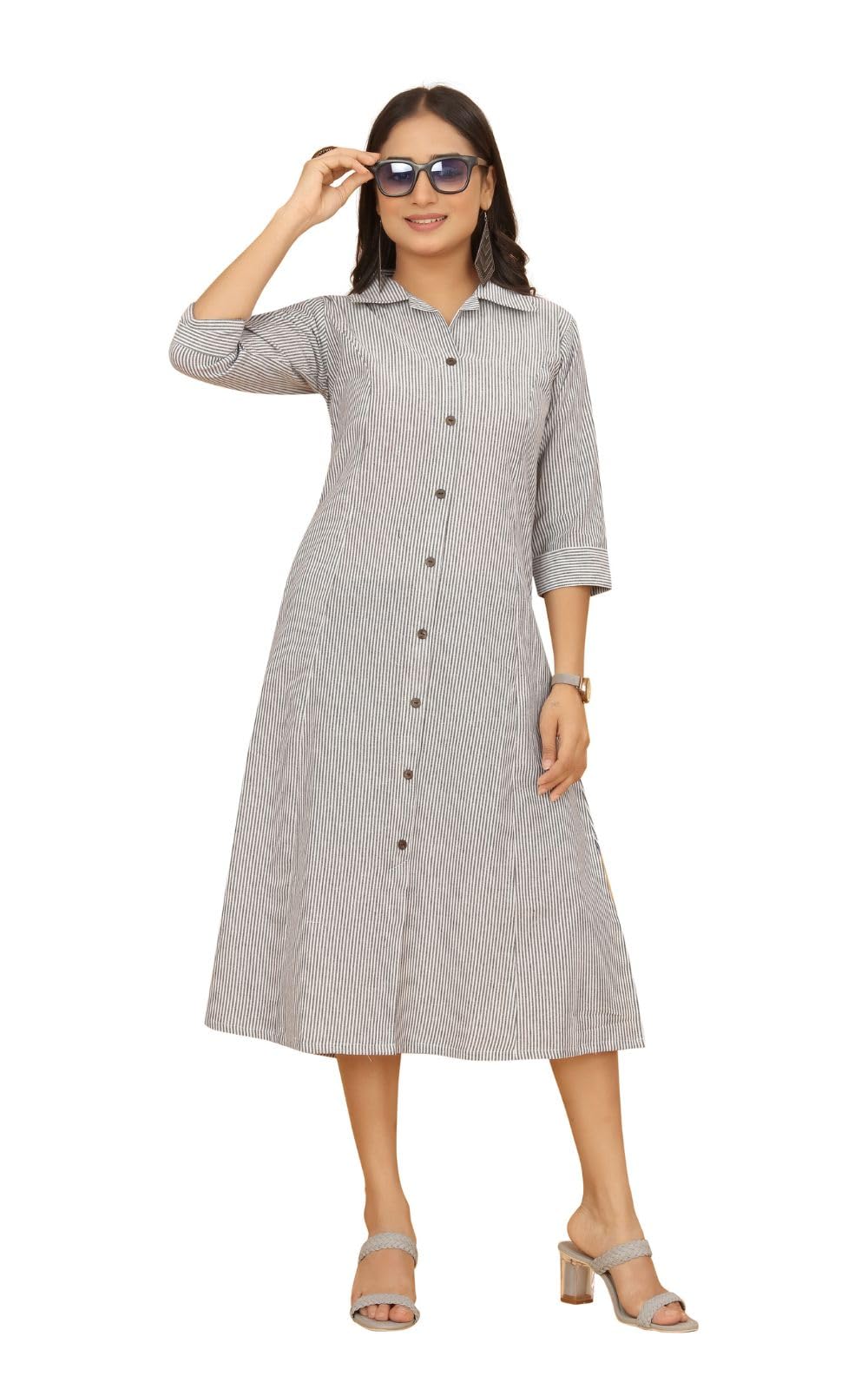 Women's Viscose Rayon Striped Shirt Dress | 3/4 Sleeve, Button-Down Dress for Women | Midi/Calf Length Shirt Dress-picture-16