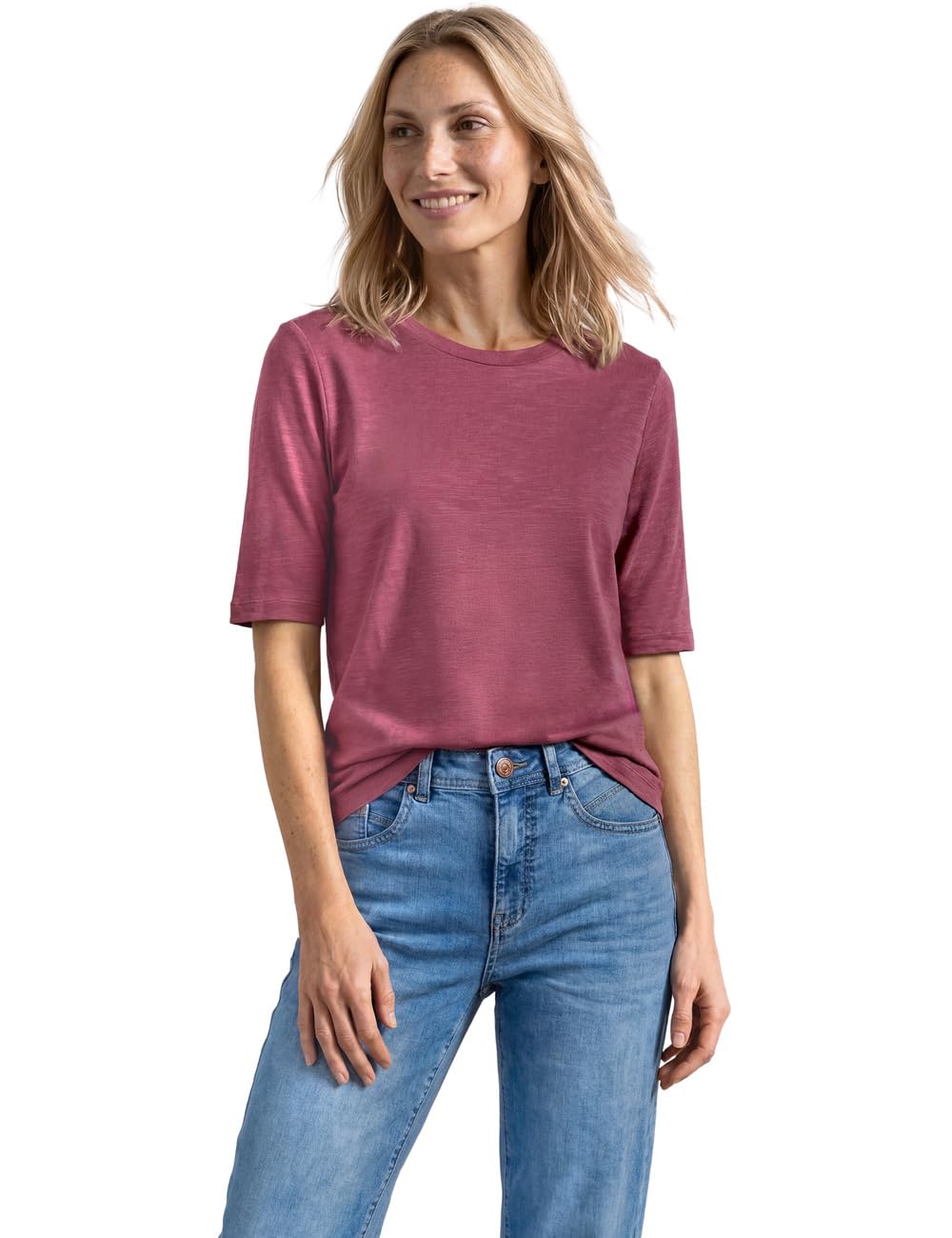 Street One Basic T-Shirt with Crew Neck in Plain Colour Dark Clouded Blush 46