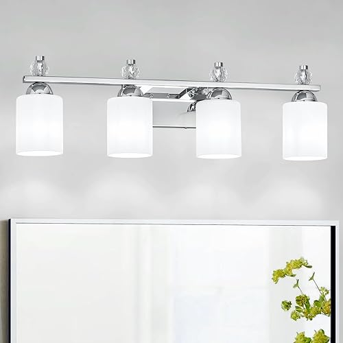 Miniatura 8 de Lámparas de tocador de baño de vidrio blanco, 4 luces cromadas de mediados de siglo, modernas luces de tocador para espejo de baño, pasillo, enchufe