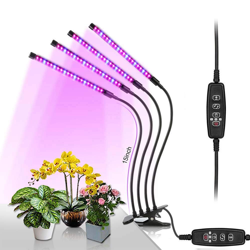 Luces de cultivo LED, lámparas de cultivo de plantas de 4 cabezas para plantas de interior, cuello de cisne ajustable con clip de escritorio encendido, bombillas de lámpara