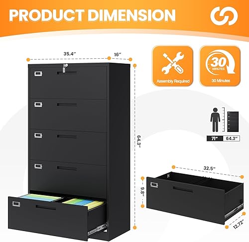 Vista 86 de Archivador de 3 cajones, archivador móvil totalmente ensamblado con cerradura para oficina en casa, caninete de metal con ruedas, cabina de tres