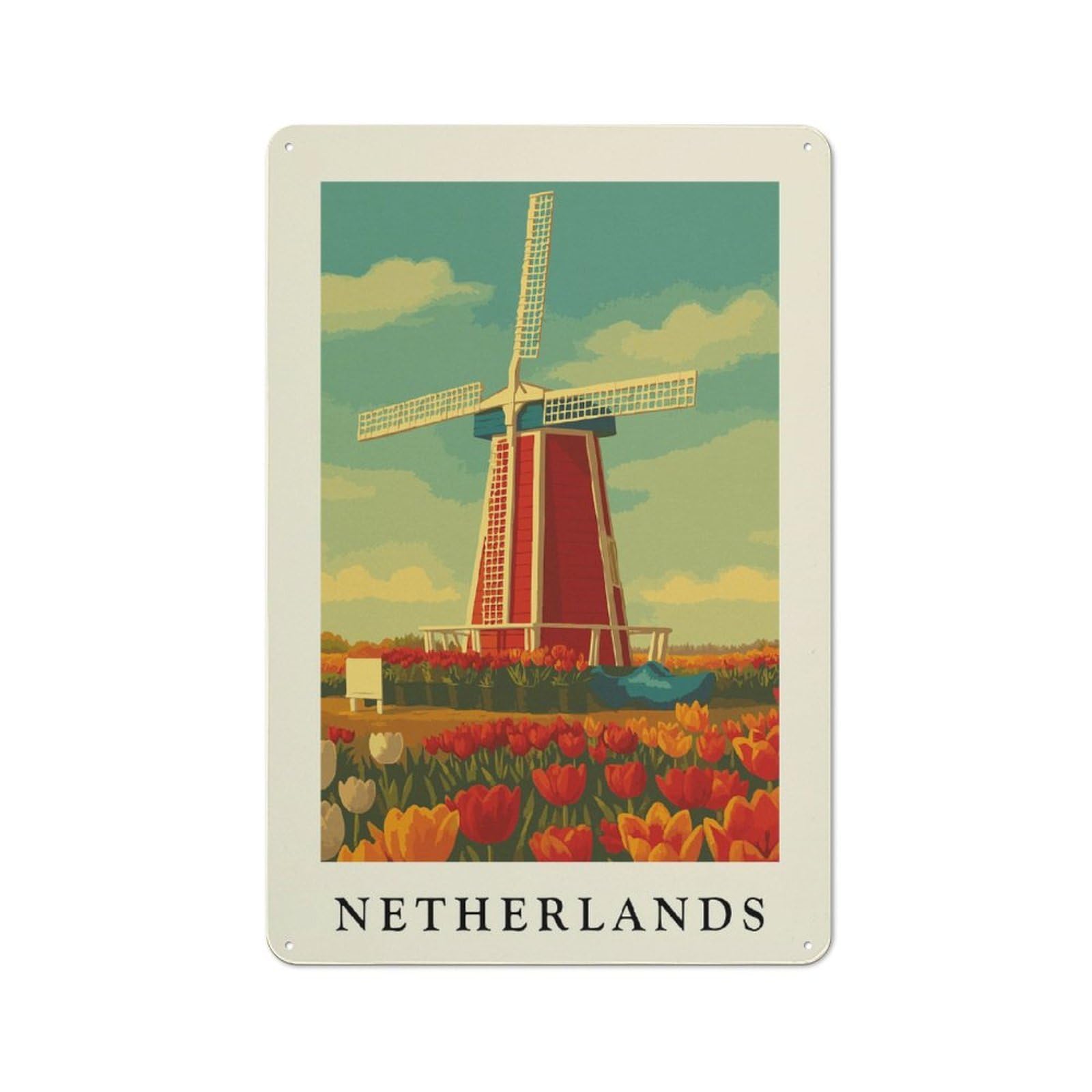 Junmoney Style-12 Garage Style Netherlands Windmill And Tulips Art Print Retro Metal Sign 30X20cm, Workshop Wall Decor For Workshop, Basement, Shed Or Games Room