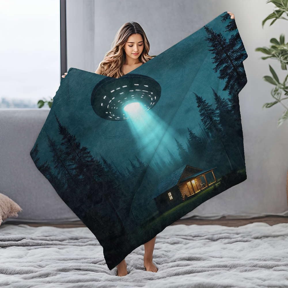 Couverture flanelle bleue OVNI 125x150cm idée cadeau originale science-fiction