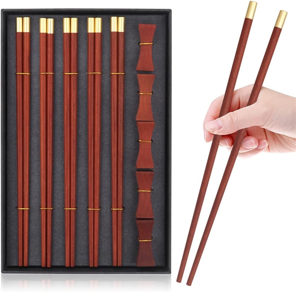 Gift Box 5 Pairs Red Sandalwood Chopsticks 5PCS Chopstick Rest Solid Wood Copper Top
