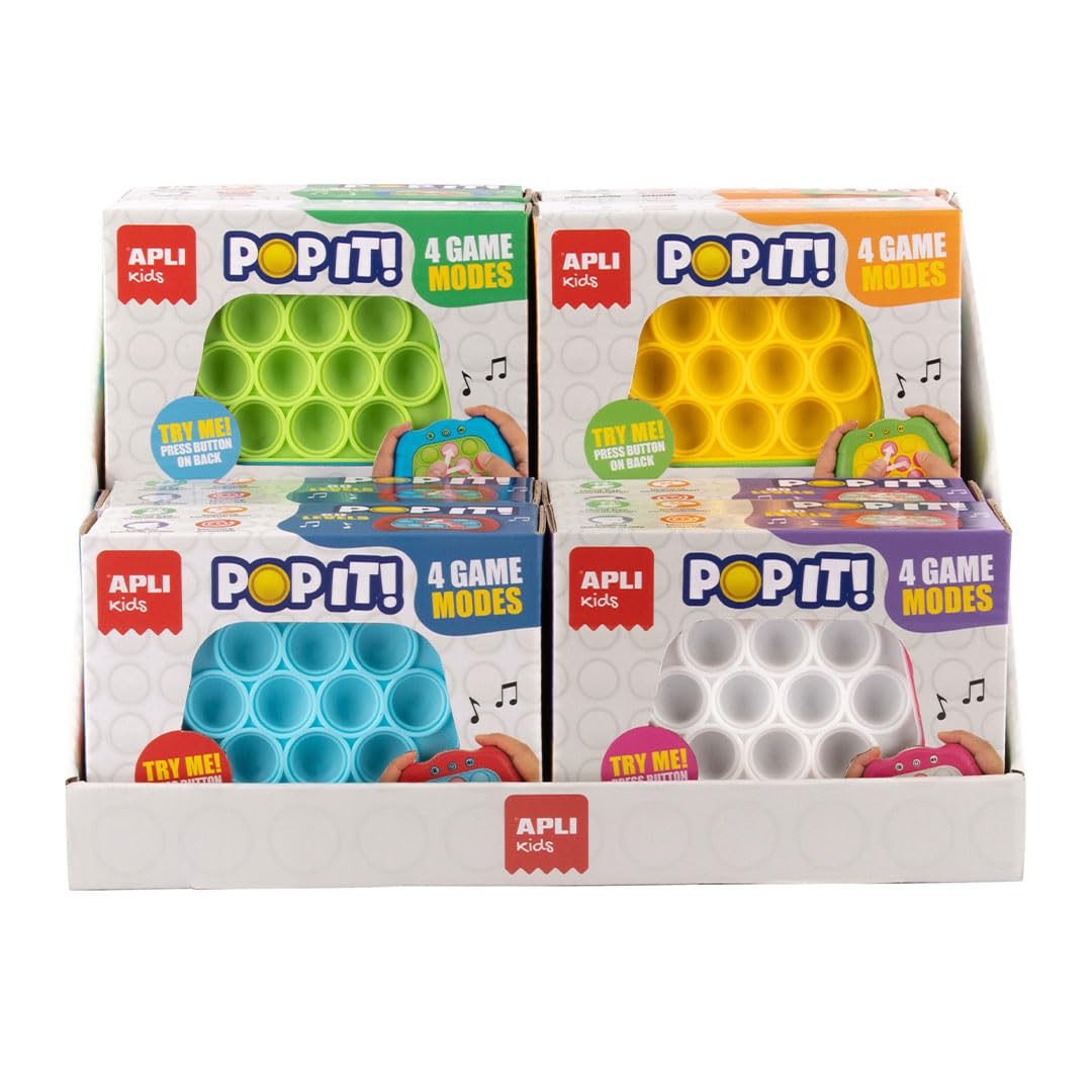 APLI Kids 19941 - Caja expositora con 8 Unidades de Juguete Electrónico Pop IT con Luces y Sonidos para Agilidad Mental y Reflejos, Niños y Adultos