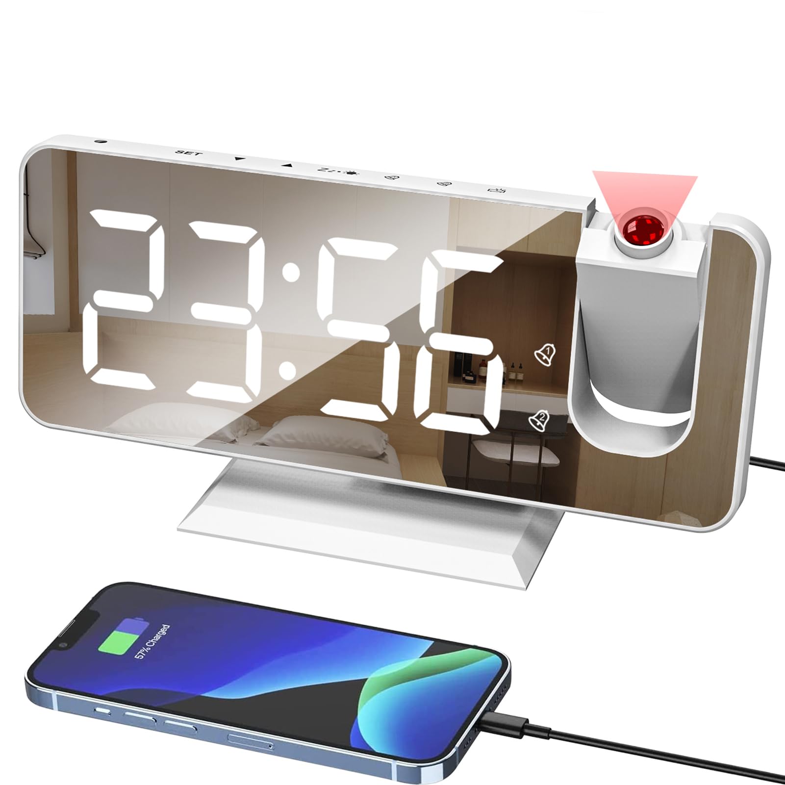 Budzik z projektorem na ścianę, podwójny alarm, drzemka, 12/24 h, port ładowania USB, LED, lustro, wyświetlacz, 4 poziomy jasności, ściemniacz, biało-biały