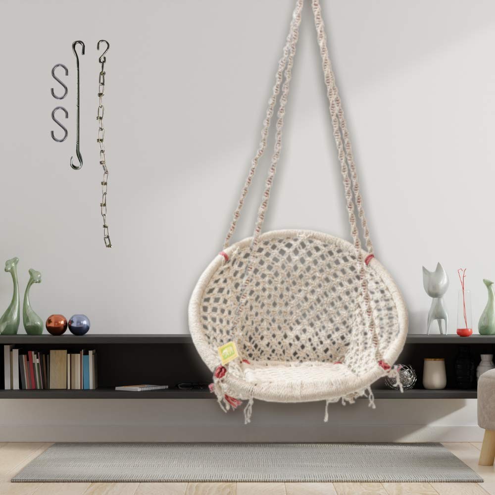 Curio Centre Make in India White Round Cotton Swing with Chain/Hammock Swing for Kids & Adults/Swing for Balcony/Hanging Swing Chair/Chain & Accessories Included (145x57x43 cm,100 kgs Capacity,White)-image-1