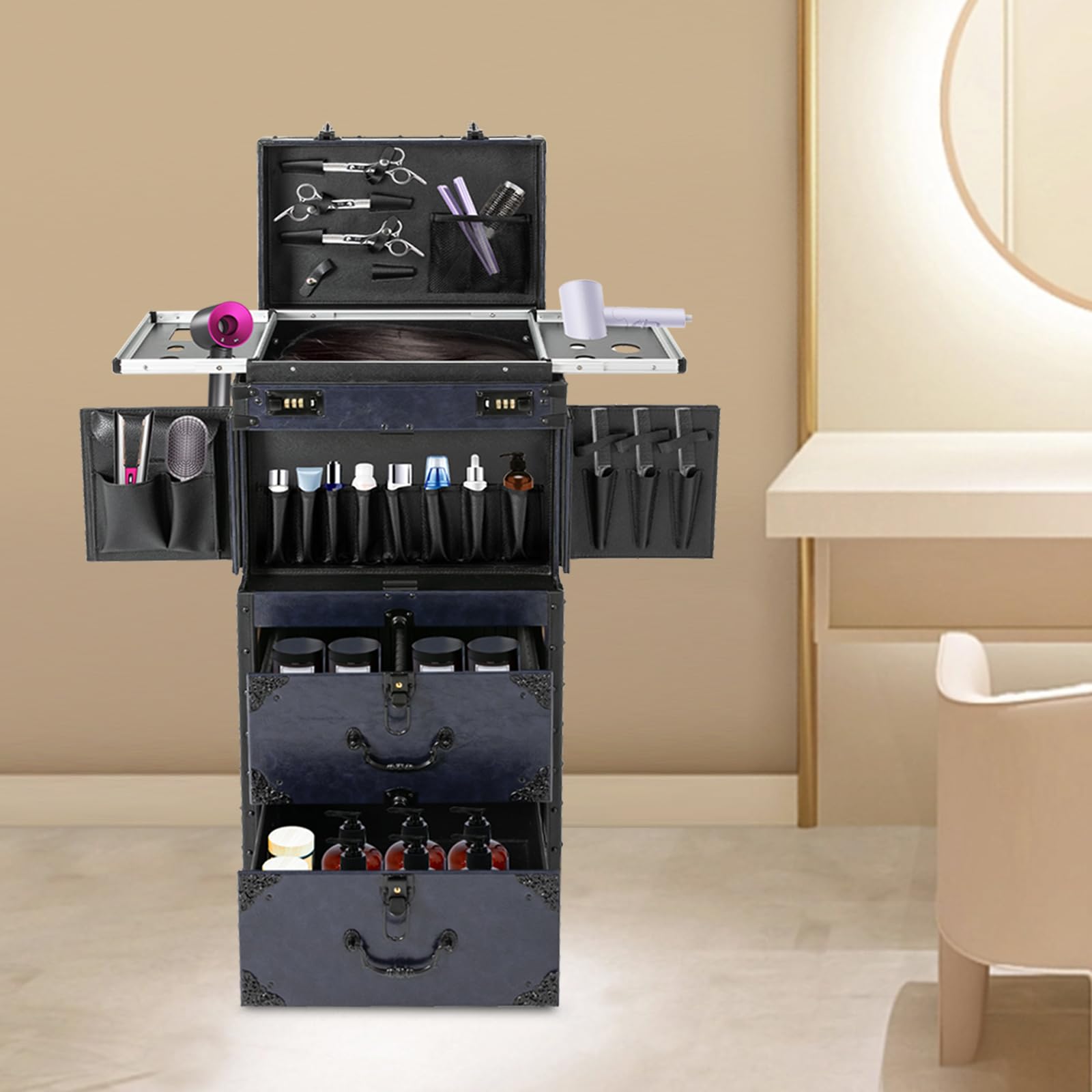 Kosmetikkoffer Trolley, Abschließbarer Schminkkoffer, Friseurkoffer Groß mit 4 Universal Rollen, Make-up Koffer, Für Zuhause Reisen Hochzeit Und Profis, 38 x 25.5 x 82 cm, Blau