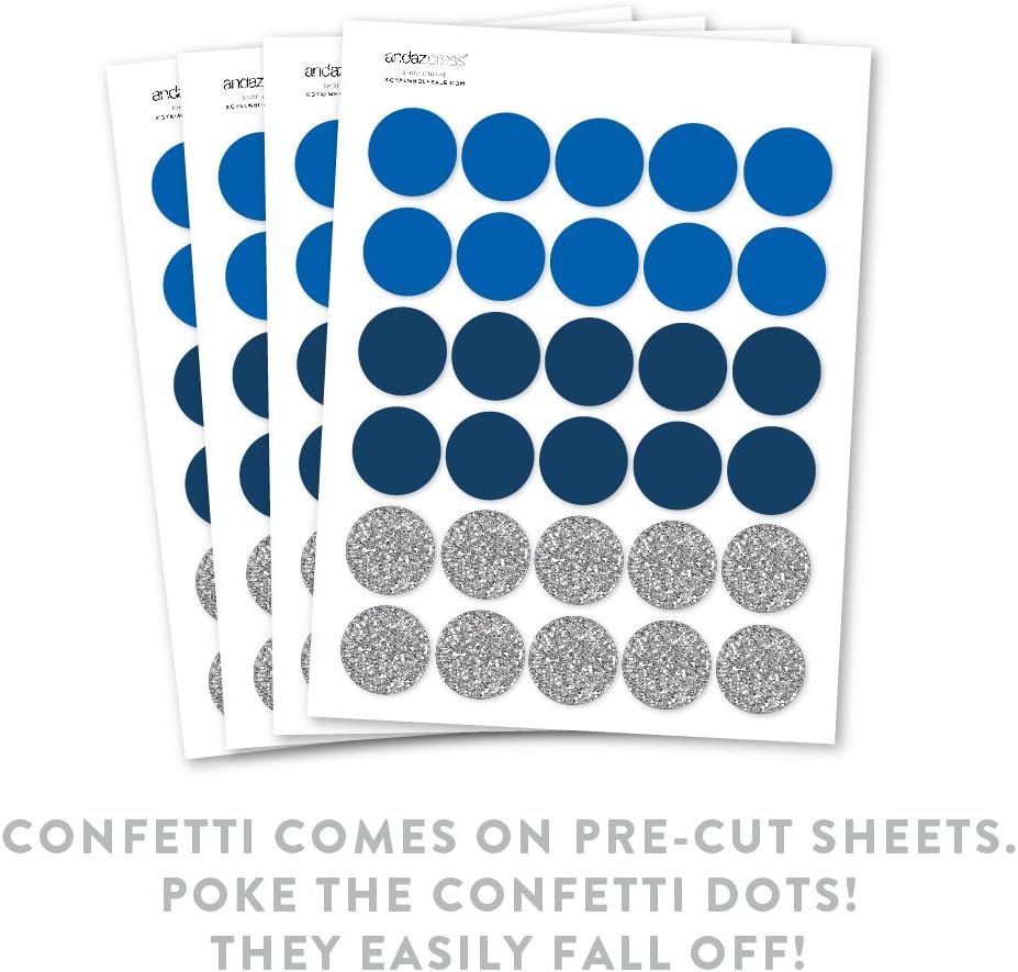 Andaz Press Large Confetti Party Table Decor, 1.5-inch Double-Sided, Royal Blue, Matte Silver, Navy Blue, 180-Pack Faux Printed Glitter