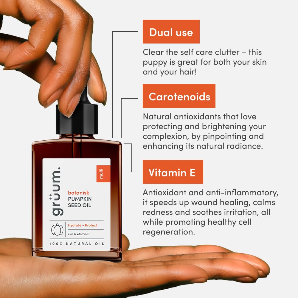 grüum Pumpkin Seed Oil 30ml, 100% Natural Pumpkin Seed Oil for Hair Growth & Skin, Nutty, Hydrating Dual Use with Vitamin E - Image 3