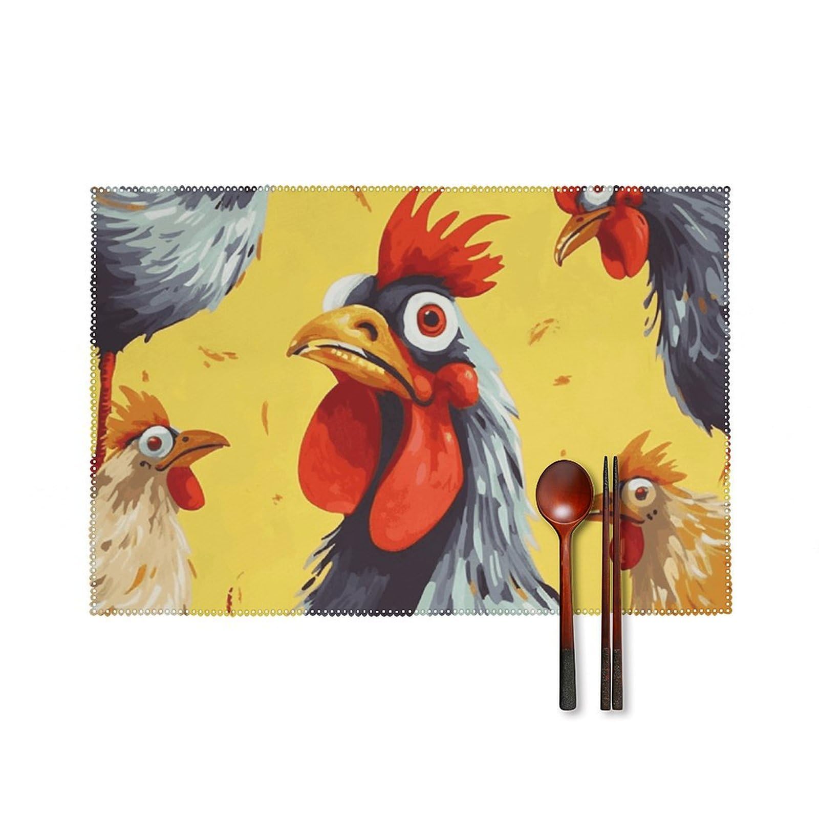 Art Chicken Painting Placemats Set of 6 Wipeable Table Mats for Kitchen Dining Table Heat Resistant Waterproof Modern Indoor/Outdoor Non-Slip Easy Clean Place Mats