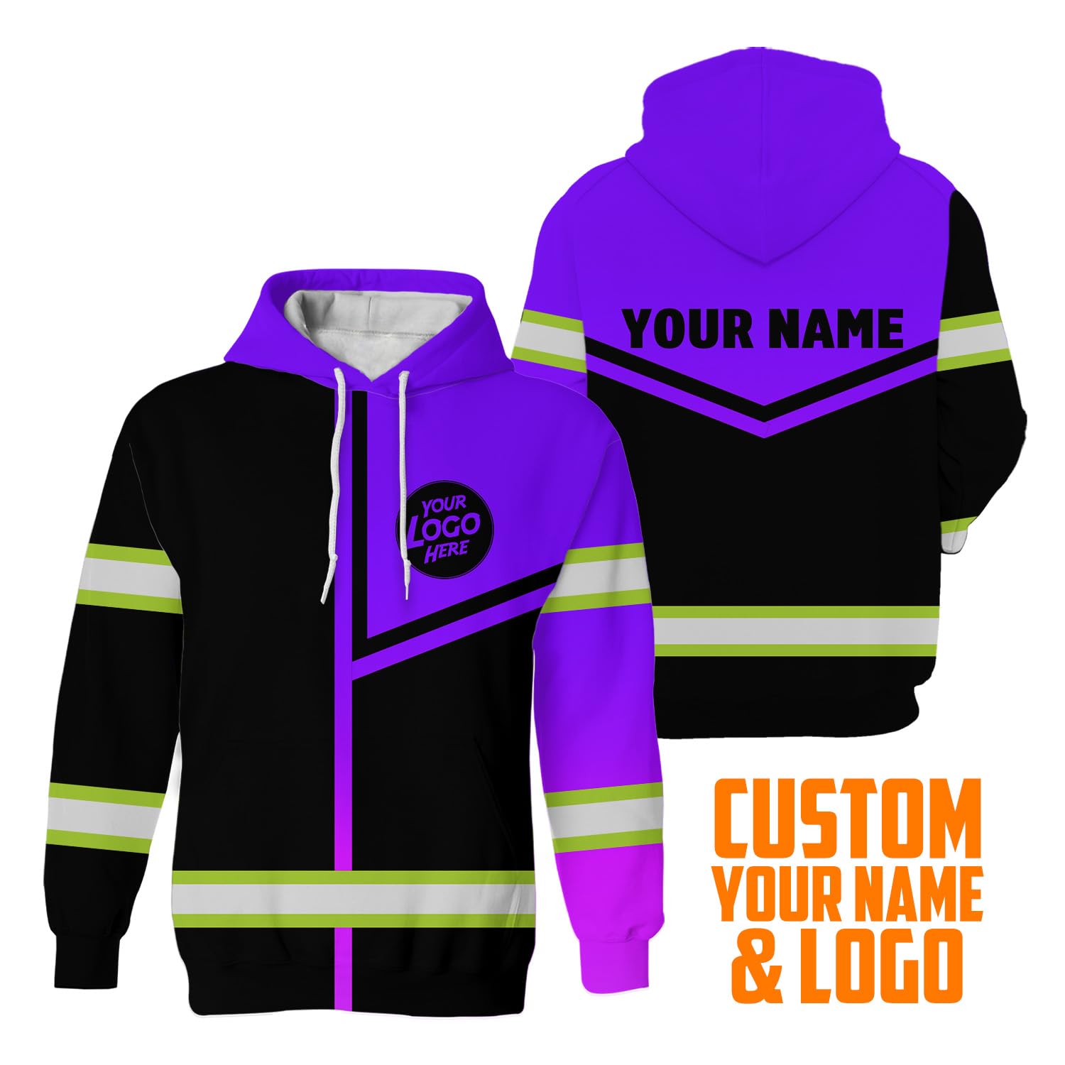 HiVis Custom Company, Group, Team Uniform High Visibility Hoodie for Men Hi Vis Safety Hoodie Black Violet Neon Customize Logo and Name with Reflective Tapes-2XL