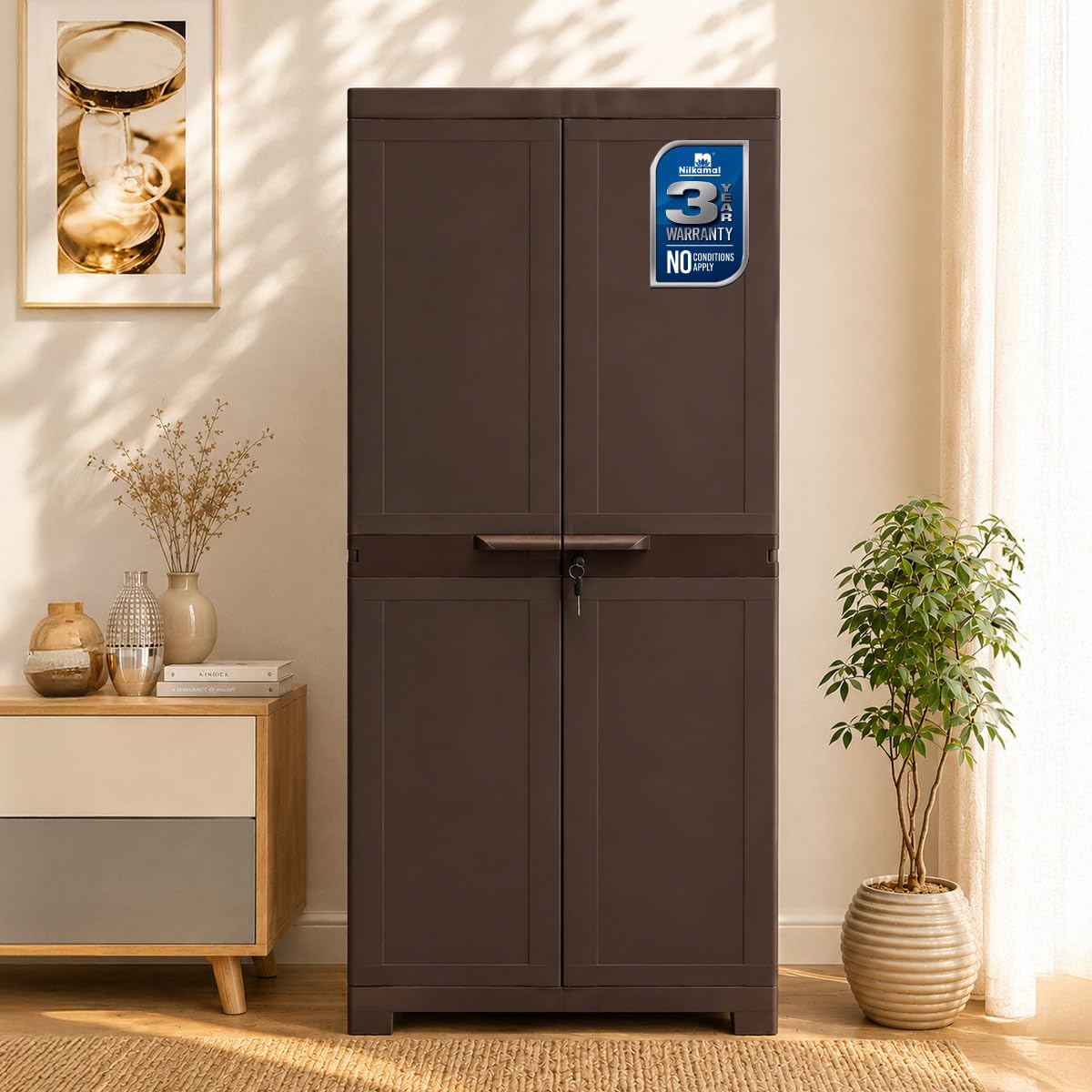 Nilkamal Freedom Big FMM Plastic Cabinet | 3-Year Warranty | 4-Shelf Storage Cupboard with Doors | Multi Organizer for Home, Wardrobe | Clothes Rack, Shelves, Almirah (Dark Brown)