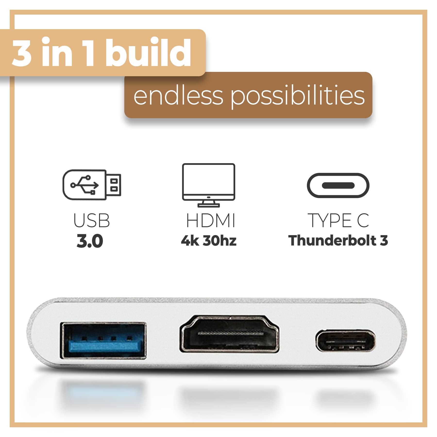 Retoo Adapter USB-C na HDMI 3 w 1, kabel 4K 60 Hz 1080p z audio, uniwersalny, aluminium, USB typu C na HDMI USB 3.1 USB-C do komputera, laptopa, Samsung S Note, OTG, srebrny