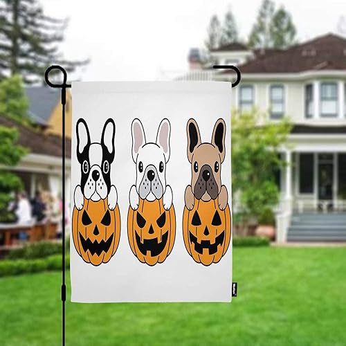 Miniatura 3 de Bandera de jardín de bulldog francés, calabaza, diseño de Halloween, lindo animal de caricatura, cachorro, carlino, verano, temporada, para jardín,