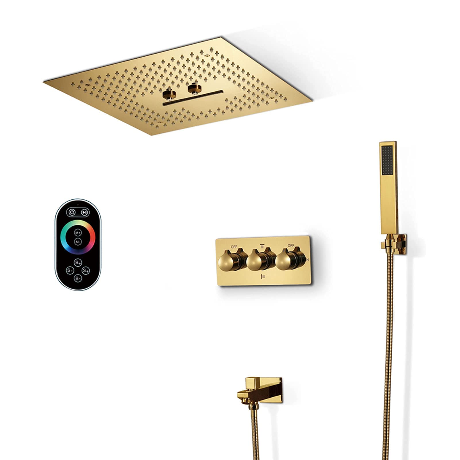 System prysznicowy złoty, 40 x 40 cm, luksusowy sufit, LED, wodospad, opady, mgła, głowica prysznicowa z ręcznym prysznicem, wylewka wanny, zestaw baterii łazienkowych, światło zdalnego sterowania