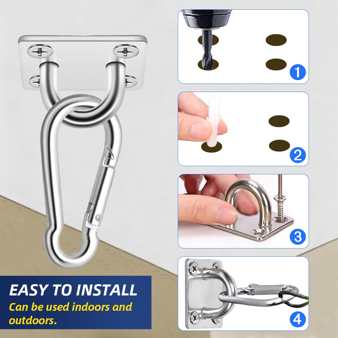 Piatto di ancoraggio da soffitto in acciaio inox per carichi pesanti, set di 4 ganci da soffitto resistenti M5 a forma di U con moschettone e viti, fino a 55 kg per poltrona sospesa, amaca, ombrellone