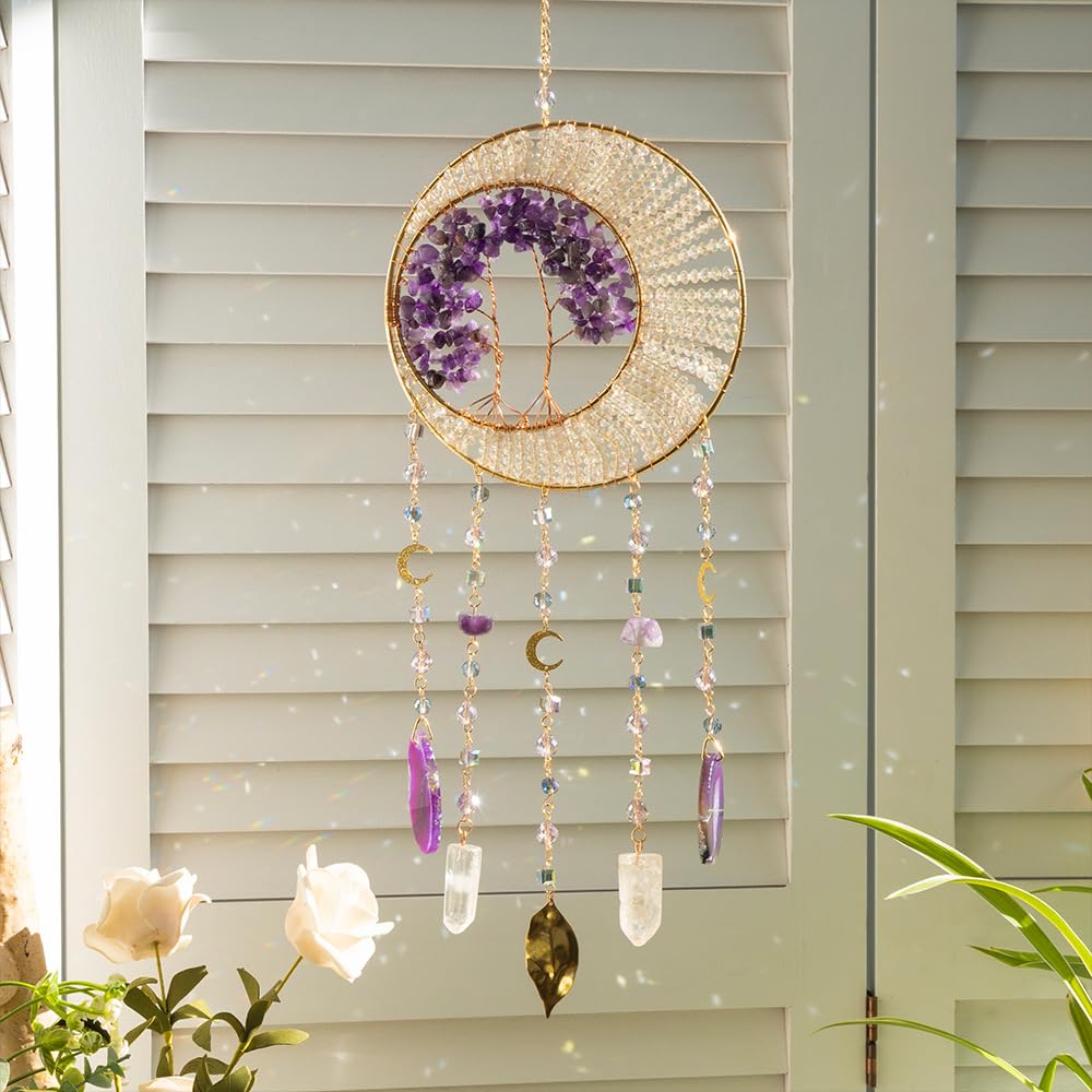 Kryształowa ozdoba odbijająca światło, Ametystowe kryształowe drzewo życia Suncatcher z zawieszkami w kształcie półksiężyca 49x16cm