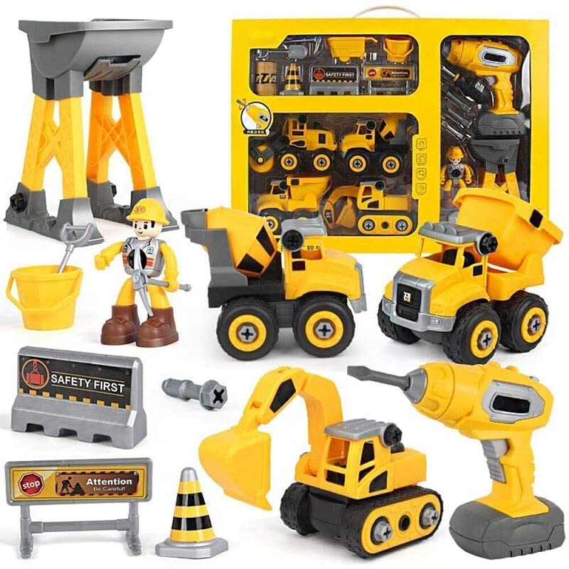 AMPAPA Engineers 4 DIY Take Apart Toys Creation DIY Toys Exclusive Collection of Construction Vehicles for Kids Pretend Play Trucks Set Building 3-14 Years (DIY with Working Drill) (Multicolor) Years