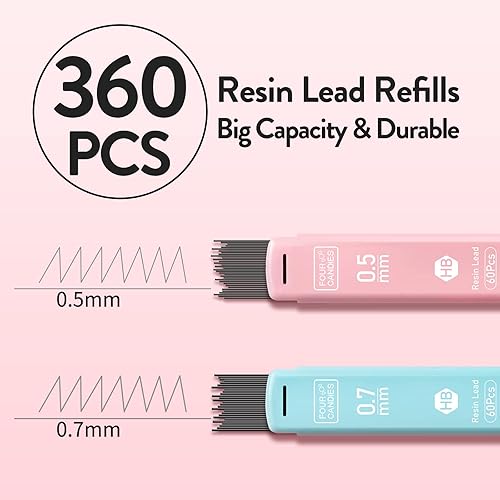 Miniatura 10 de Four Candies Bonito juego de lápices mecánicos, 6 lápices mecánicos pastel de 0.020 in, 0.028 in y 0.035 in con 360 puntas, 3 borradores y 9