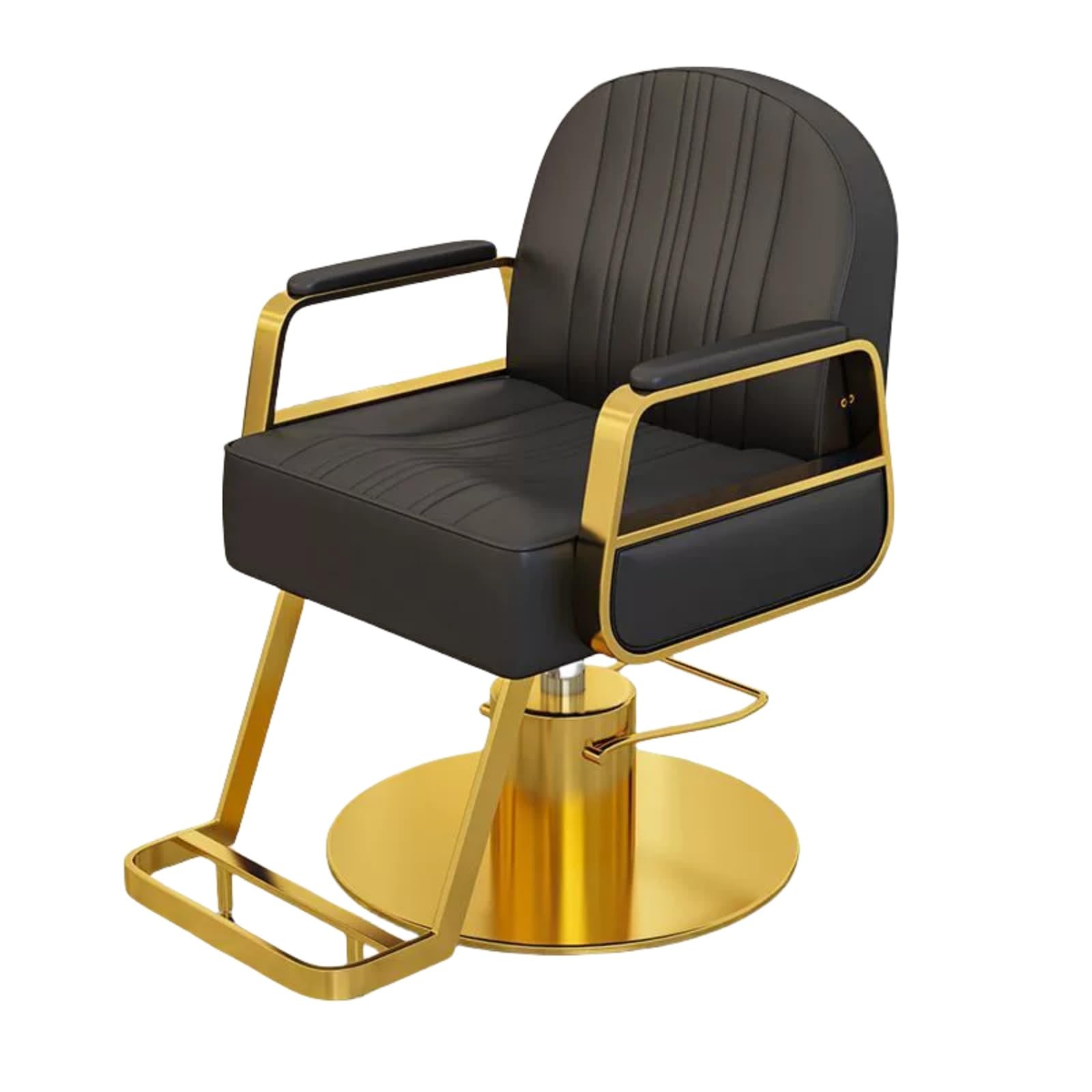 Luxus fotel fryzjerski i salonowy, hydrauliczne krzesło do stylizacji ze złotymi akcentami do strzyżenia, kolorowania i zabiegów spa, elegancki czarny design