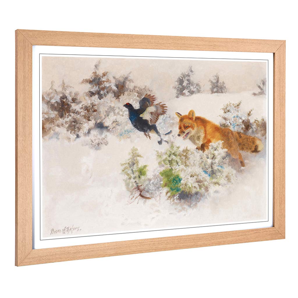 Big Box Art Framed Print of Bruno Liljefors Fox Chasing Bird Design | Wall Art Picture | Home Decor for Kitchen, Living Room, Bedroom, Hallway, Oak, A2 / 24.5x18 Inch / 62x45cm