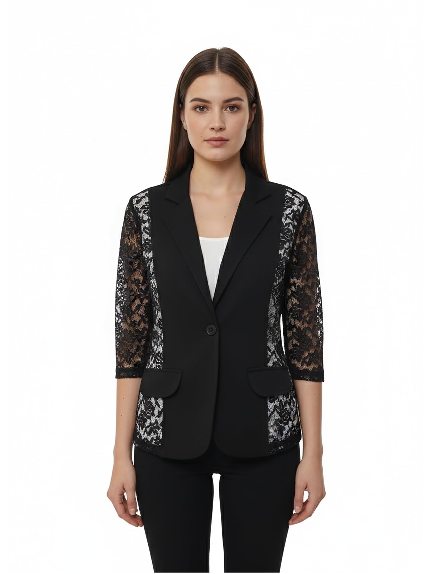 aol Women's Premium Floral Net & Banana Crepe Blend Blazer with 3/4 Sleeves – Intricate Floral Lace Design, Single Button Closure-picture-55