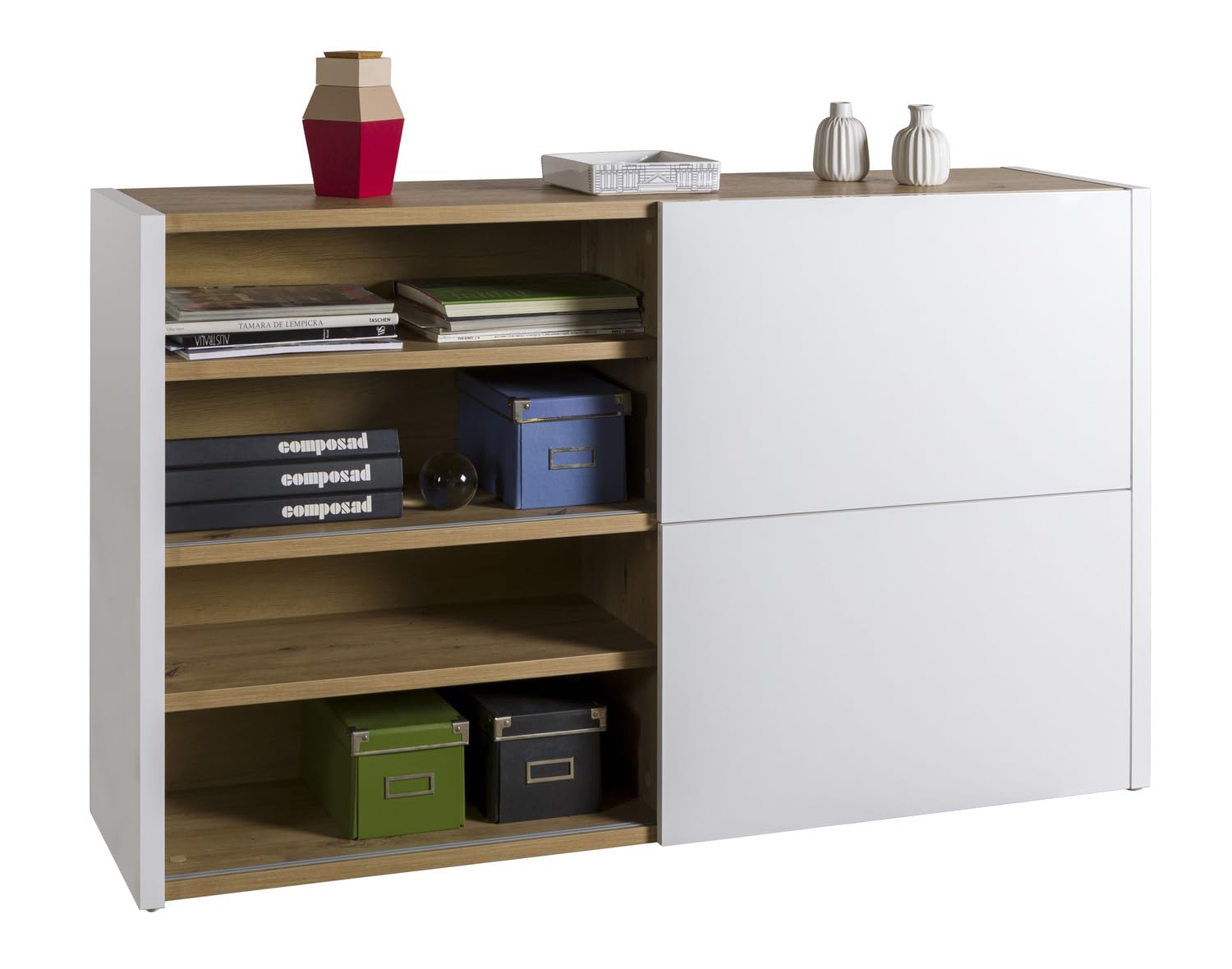 Composad | Base Multiuso della Linea ABILE con 2 Ante Scorrevoli, Mobile Archivio per Uffico e Home Office, (LxAxP):140x84,5x35,4 cm, Bianco Laccato e Rovere Mielato