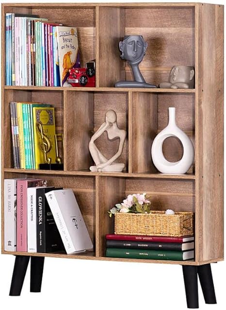 LEYAOYAO 7 Cube Bookshelf 3 Tier Modern Bookcase with Legs,Wood Book Shelves Storage Organizer Shelf,Free Standing Bookcases,Oak Display Bookshelves