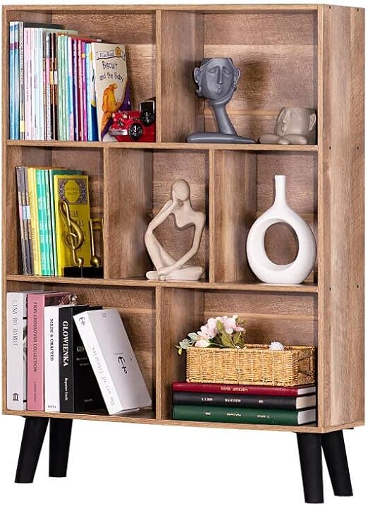 LEYAOYAO 7 Cube Bookshelf 3 Tier Modern Bookcase with Legs,Wood Book Shelves Storage Organizer Shelf,Free Standing Bookcases,Oak Display Bookshelves