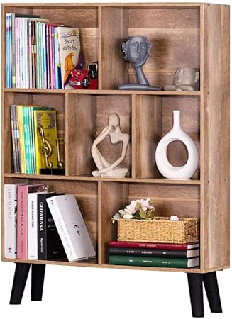 LEYAOYAO 7 Cube Bookshelf 3 Tier Modern Bookcase with Legs,Wood Book Shelves Storage Organizer Shelf,Free Standing Bookcases,Oak Display Bookshelves