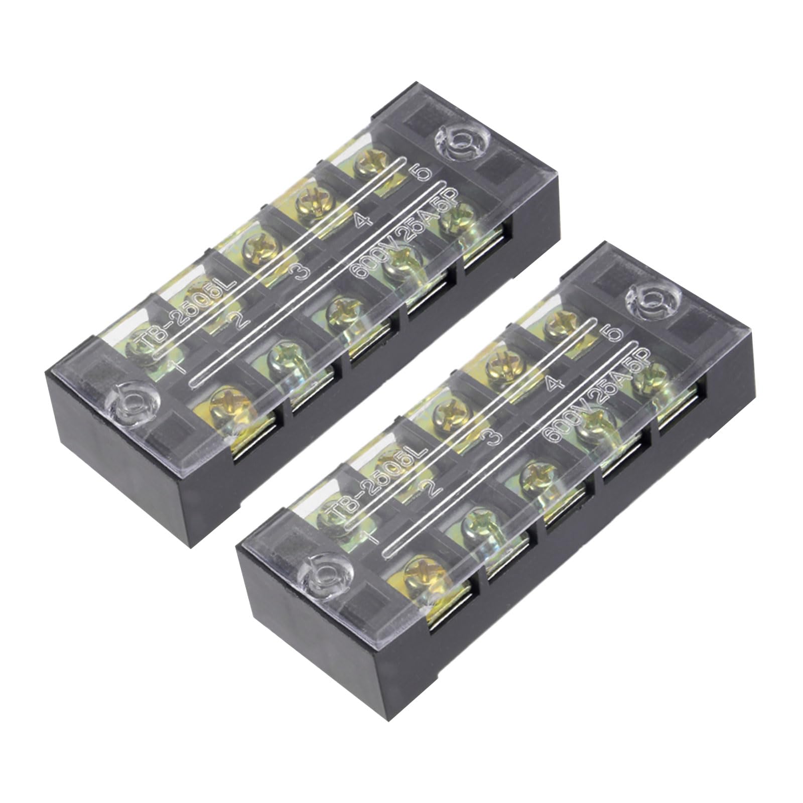 Rebower 5 Positions Dual Rows 600V 25A Terminal Strip Blocks Barrier Screws (with Cover)