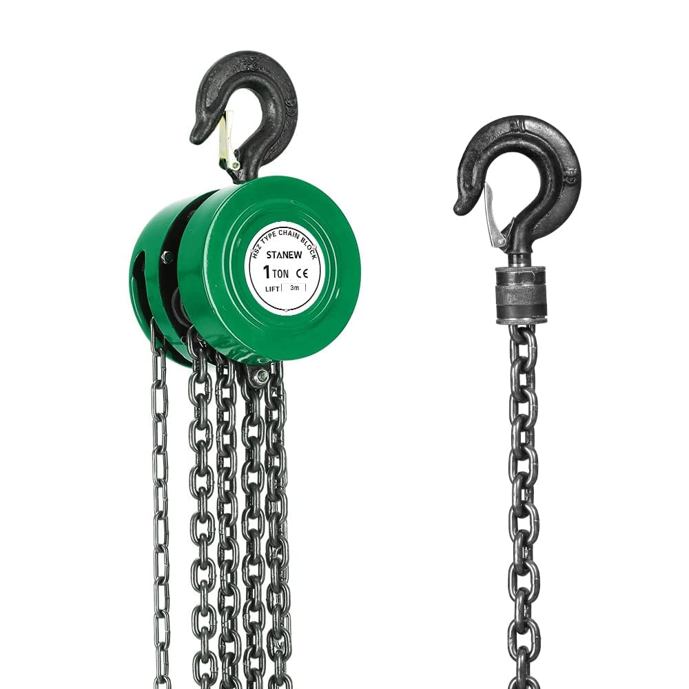 Polipasto de Cadena Manual con Gancho Resistente STANEW, Altura de Elevación 3,0 m, Verde, Doble Cadena de Carga, G80, Gancho de Elevación Con Seguridad (1 Tonelada 3,0 m)