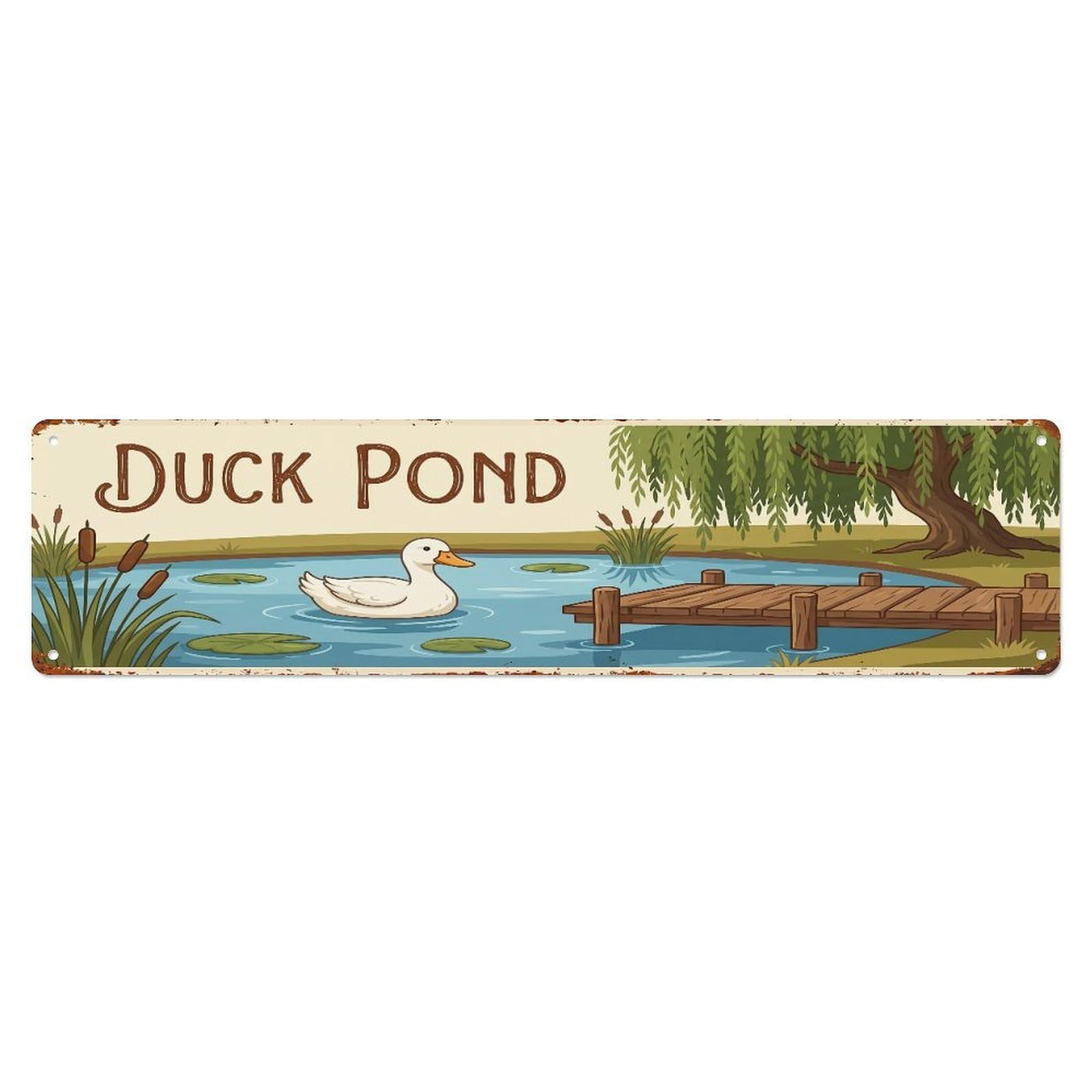 Metal Tin Sign Vintage Duck Farm Scene Duck Pond