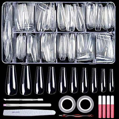 BNK 600Pcs Coffin Fake Nail Kit - Clear Acrylic Nails Tips Full Cover Artificial False Nail for Nail Salons and DIY Nail Art, 10 Sizes