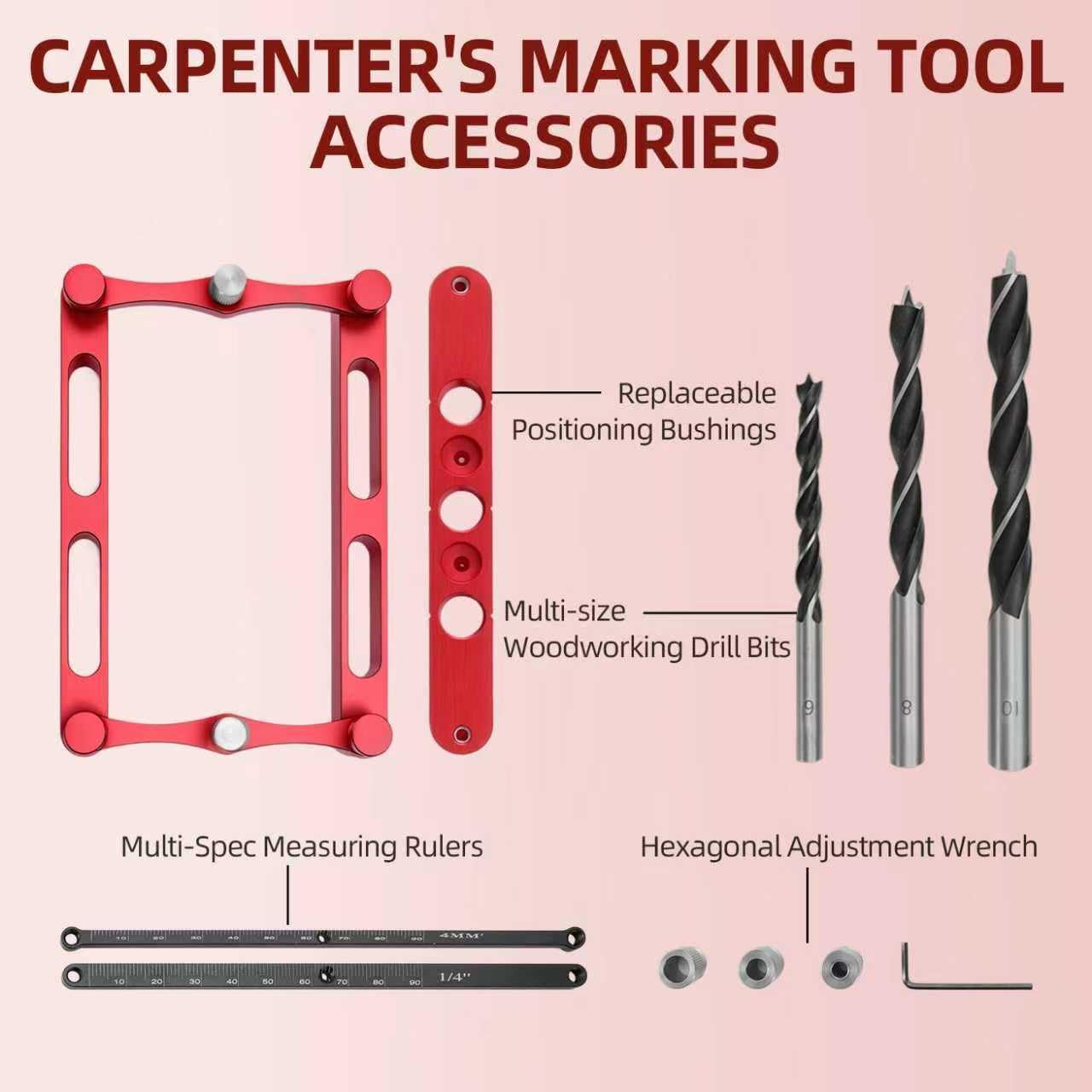 Center Finder Gauge with Interchangeable Rods，Self Centering Doweling Jig Woodworking Joinery Hole Drill Guide， Positioner Locator Tool ，Woodworking Marking