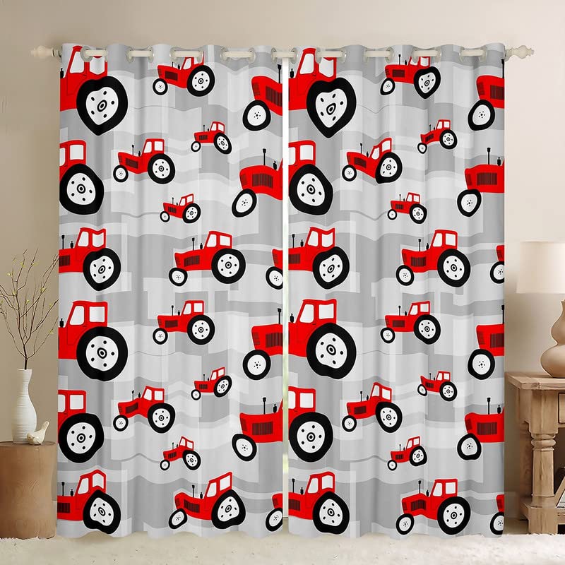 Loussiesd Red Tractor Blackout Curtains Cartoon Car Curtains for Bedroom Living Room for Boys Girls Farm Equipment Trucks Window Curtains Construction Car Window Treatments W46*L72