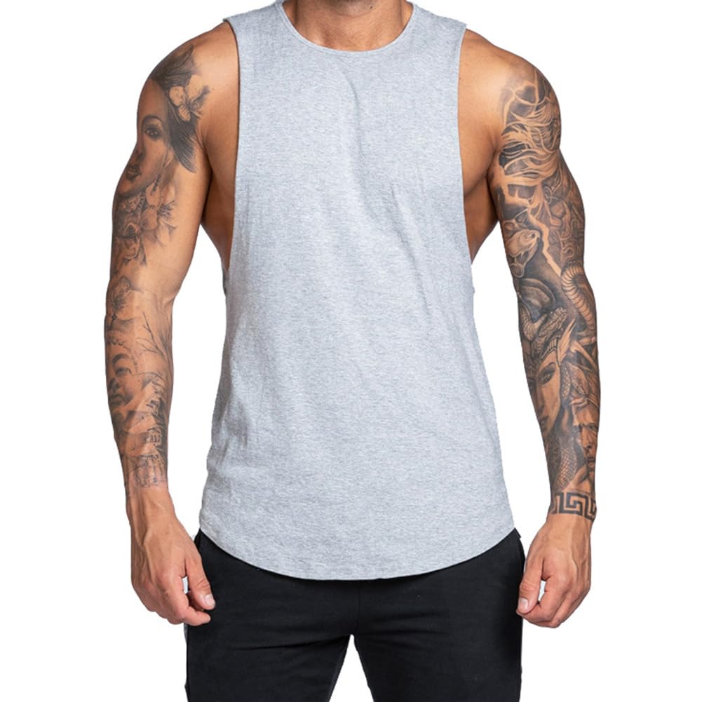 SimidunEUR Men Workout Tank Top Gym Bodybuilding Drop Arm Trainning Fitness Tshirts Sleeveless Muscle T Shirts,Grey,M