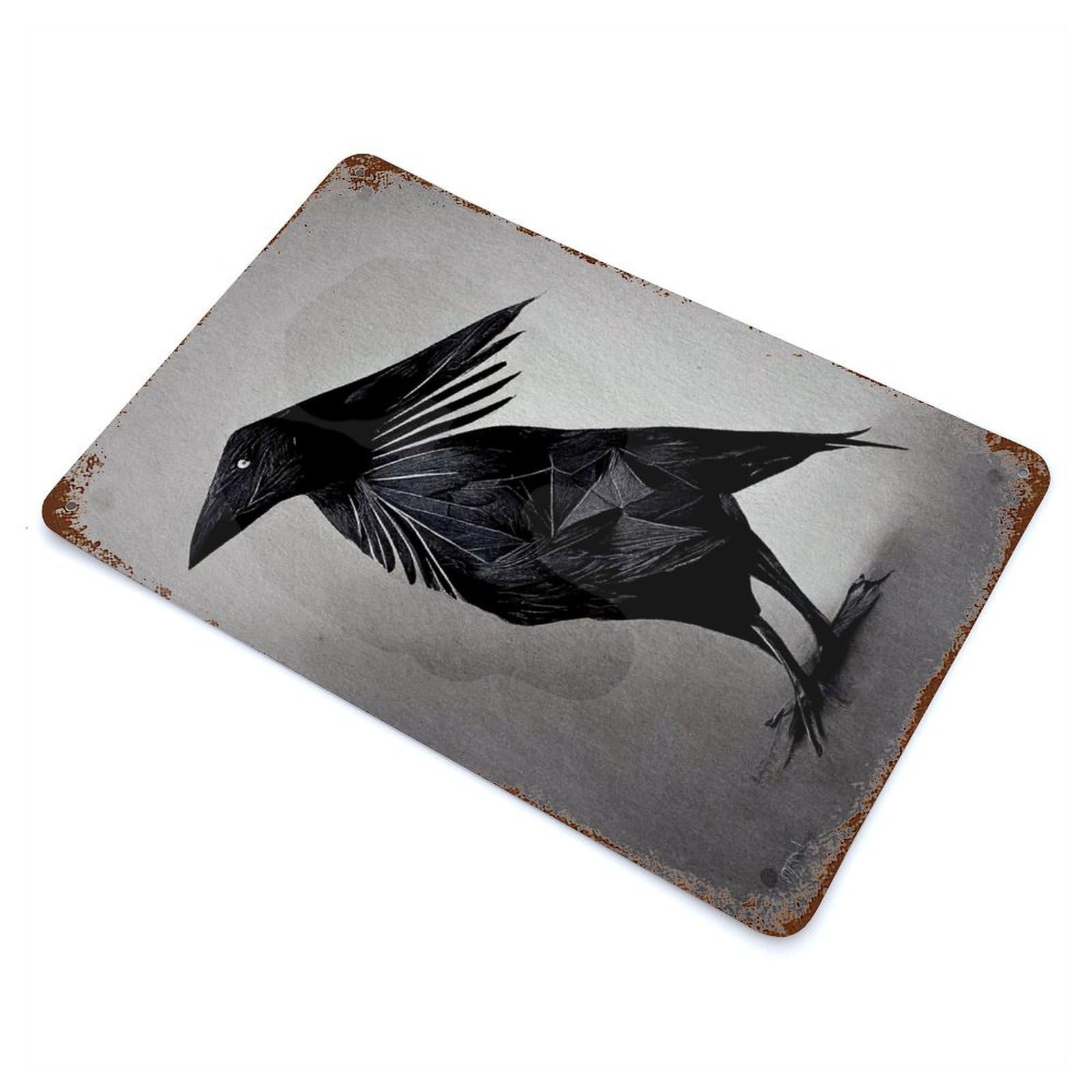 Aged Metal Wall Plaque with Geometric Raven Design 11.8"x7.9", for Garage, Bar And Workshop Decor, Rustic Home Decor