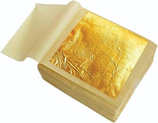 Gold Leaf 10pcs Gold Vark Sheets Pure Foil Leaf 24K Baking Cakes,Sweets,halwa,madicine,Food for Anti-Aging Facial Spa Craft Gilding (Gold 75″MMx50″MM)