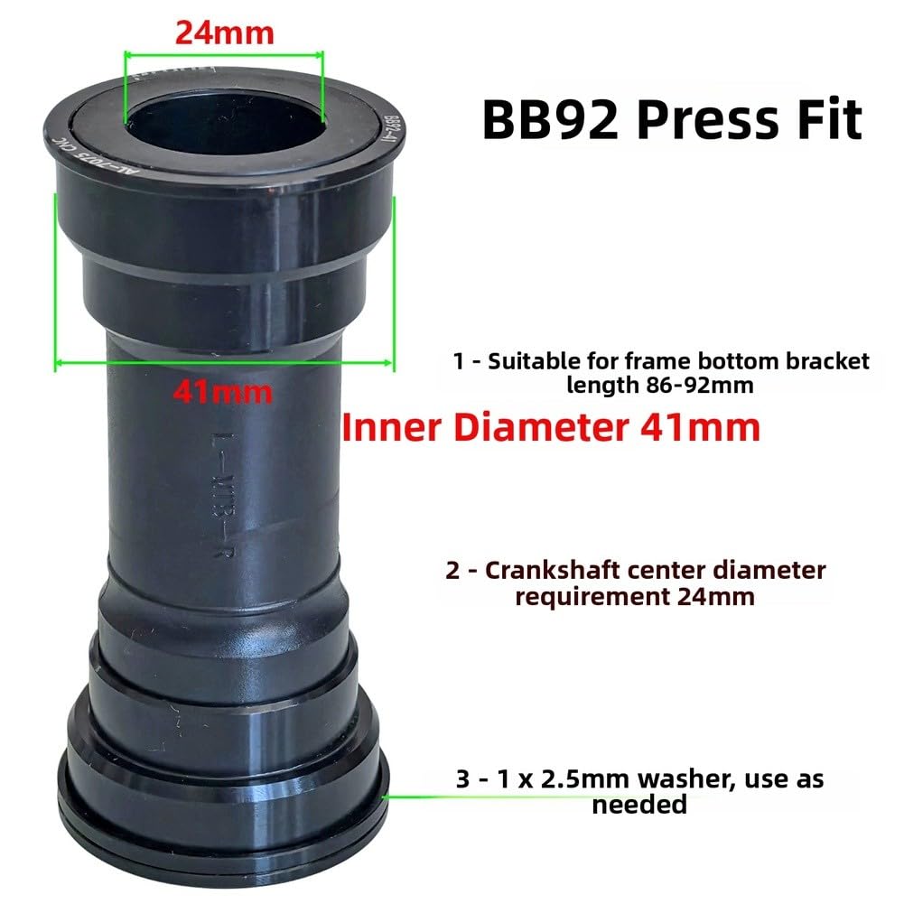 Press-Fit - Movimento centrale cavo per telai BB92 (larghezza 86-92 mm, diametro interno 41 mm), compatibile con assi a manovella da 24 mm, cuscinetti sigillati in lega di alluminio e