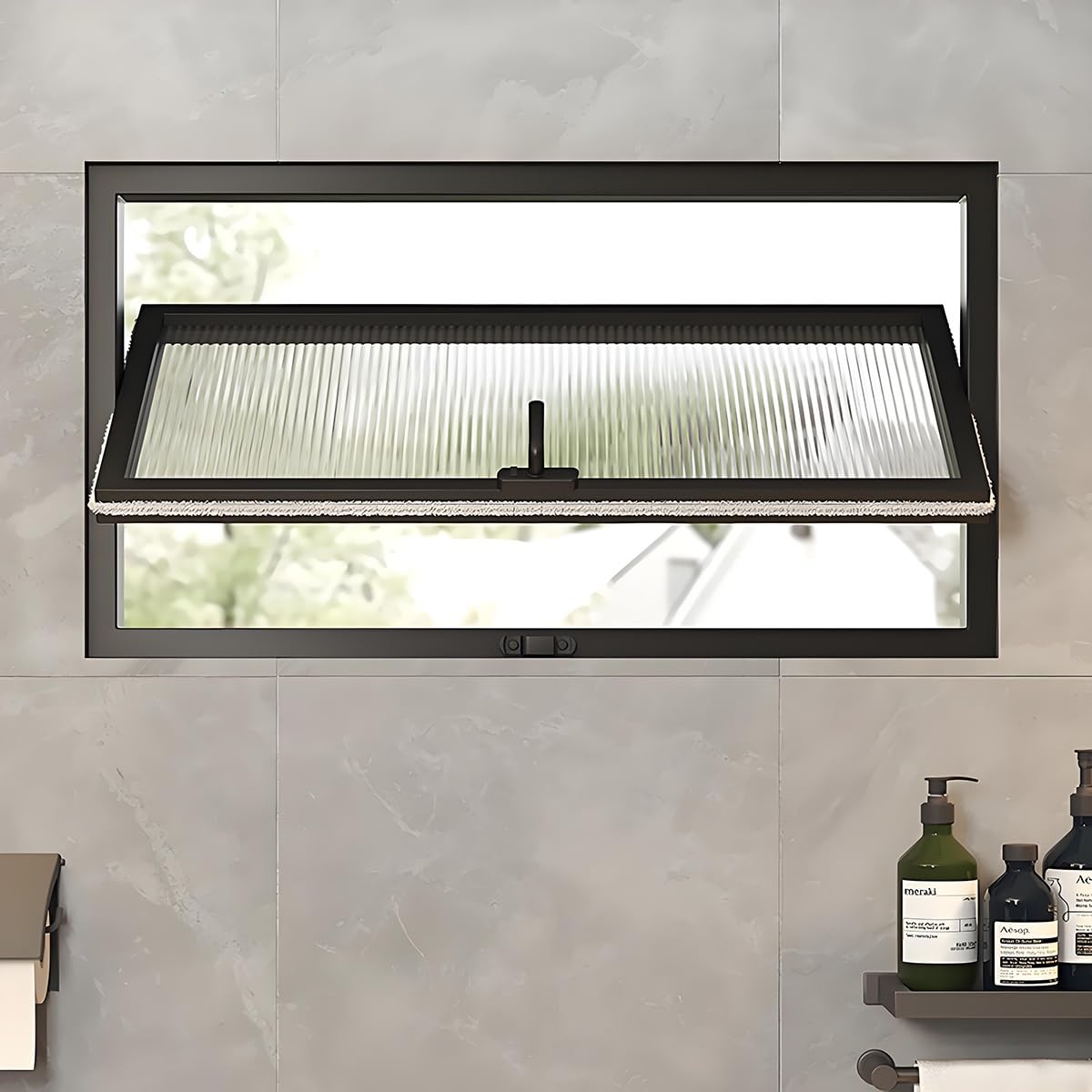 Ventana de vidrio templado giratoria de 360°, ventana de servicio corrediza vertical de aluminio con manija y cerradura, ventana de ventilación metálica empotrada para baño y cocina(White,WxH 60x30cm/