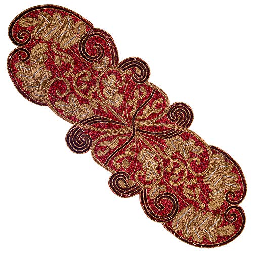 COTTON CRAFT Scarlett Leaves Handmade Beaded Table Runner - Halloween Harvest Autumn Fall Thanksgiving Holiday Christmas Xmas Celebration Festive Party Tabletop DÃ©cor Tablerunner - 18x72 Red & Gold