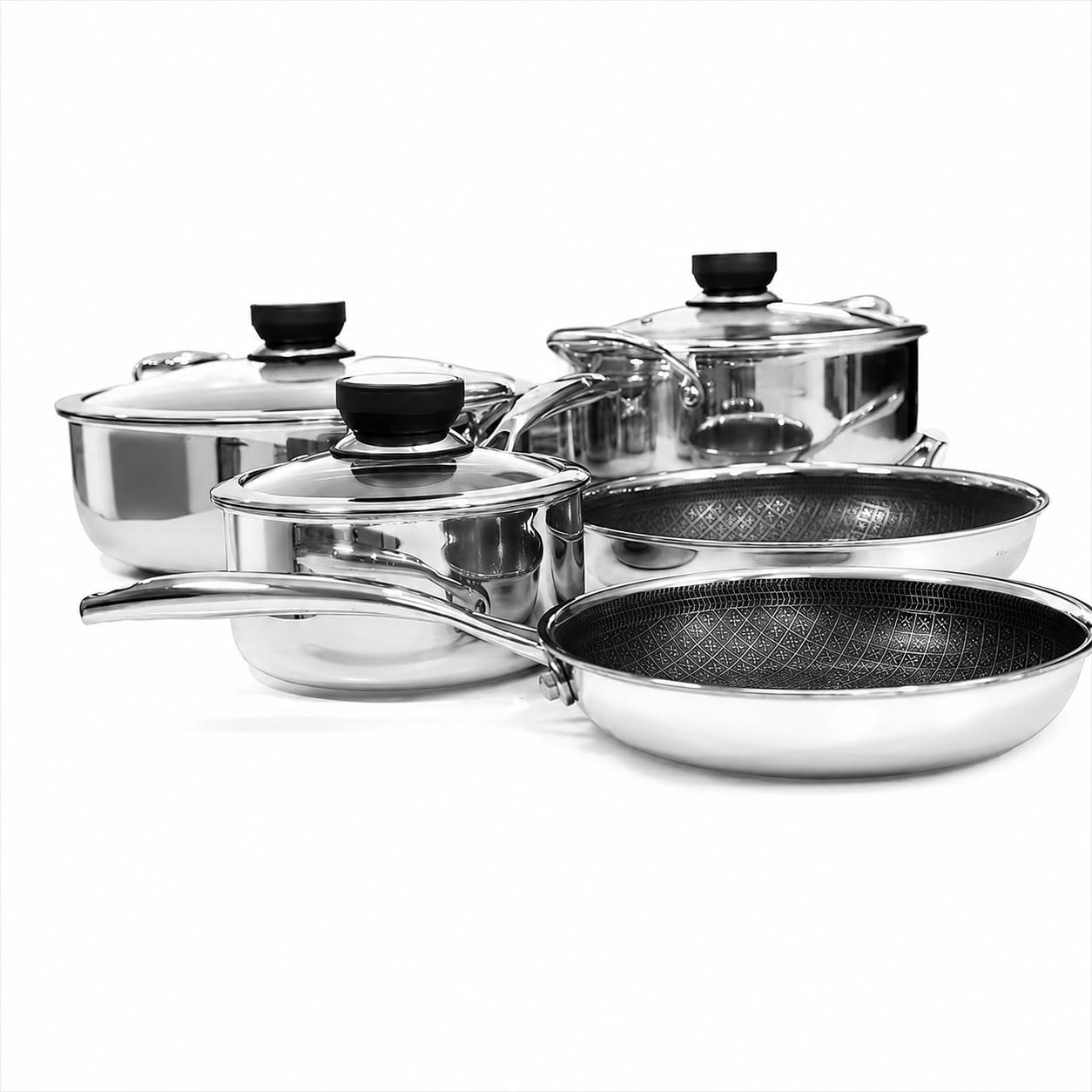 Set de sartenes y ollas con tapa de acero inoxidable para inducción invisible, anti rayaduras | 9 piezas | Full Induction | Cocinas de Inducción Invisible| Cocinas bajo encimera | Cloen.