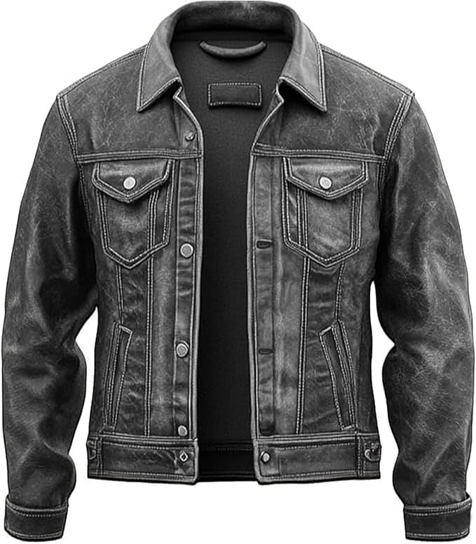 Men's Distressed Trucker Jacket - Genuine Leather Vintage Western American Style Trucker Jacket Men